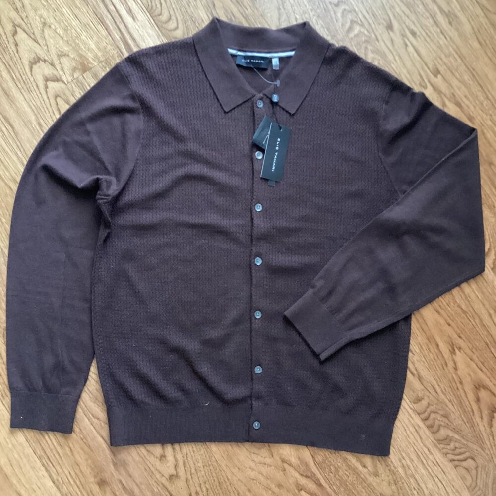 NWT Elie Tahari Wool Blend Button Down Collared Sweater Chocolate LARGE PREPPY
